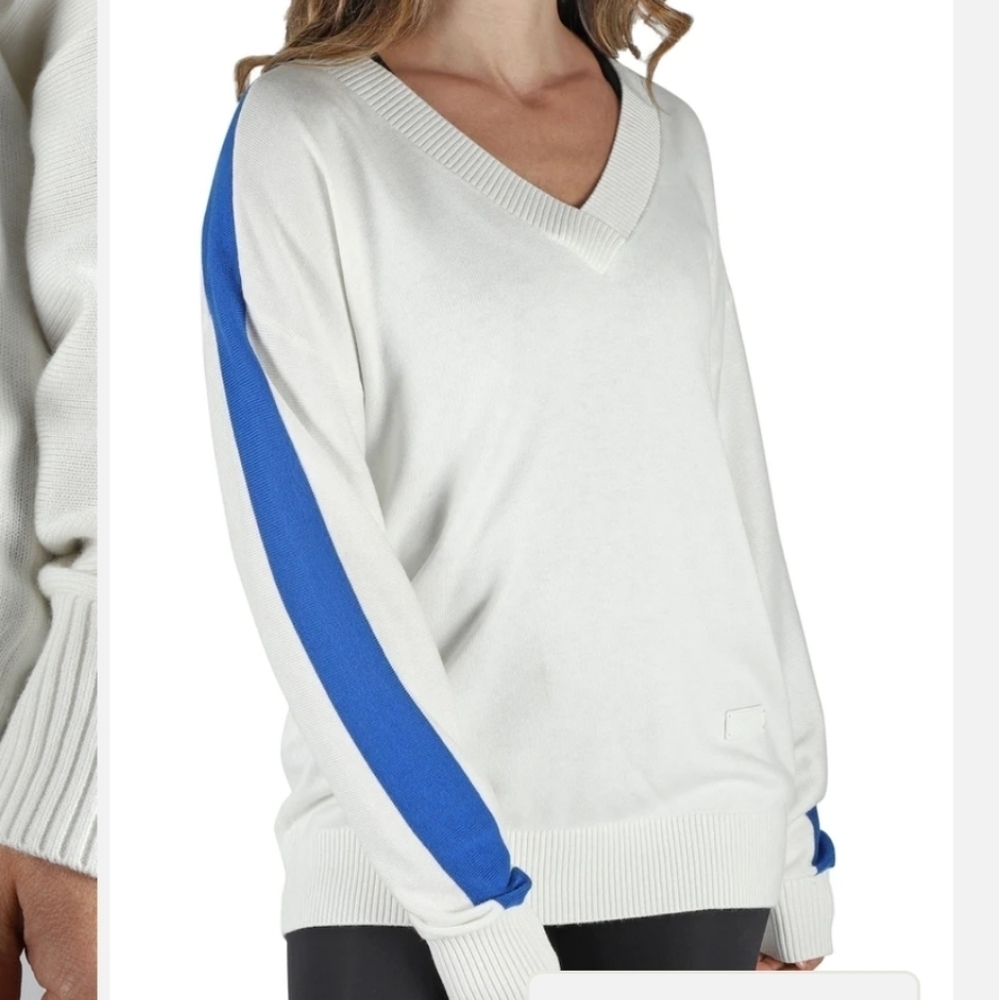 PAJAR NINA OFF WHITE V NECK WAFFLE KNIT COTTON BLEND OVERSIZED SWEATER LIKE NEW